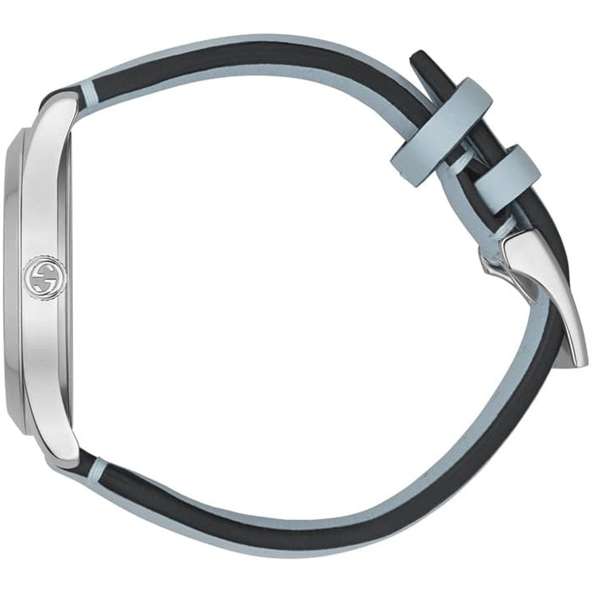 G-Timeless watch shown from strap side with clasp and leather band detail