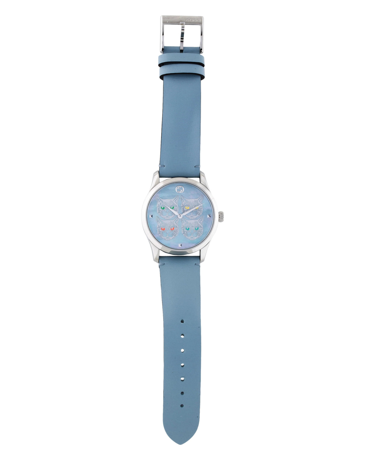 G-Timeless watch displayed vertically showing full strap length and light blue leather band