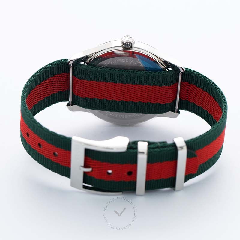 Gucci G-Timeless YA1264148 side angle view with stainless steel case and striped strap