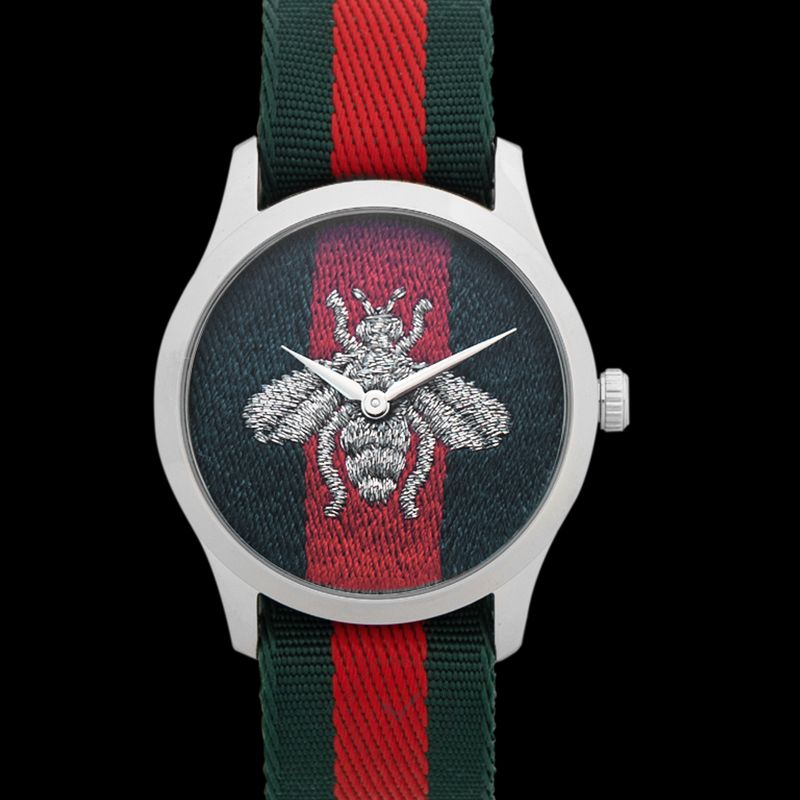 Gucci G-Timeless YA1264148 watch front view with bee emblem on black and red dial