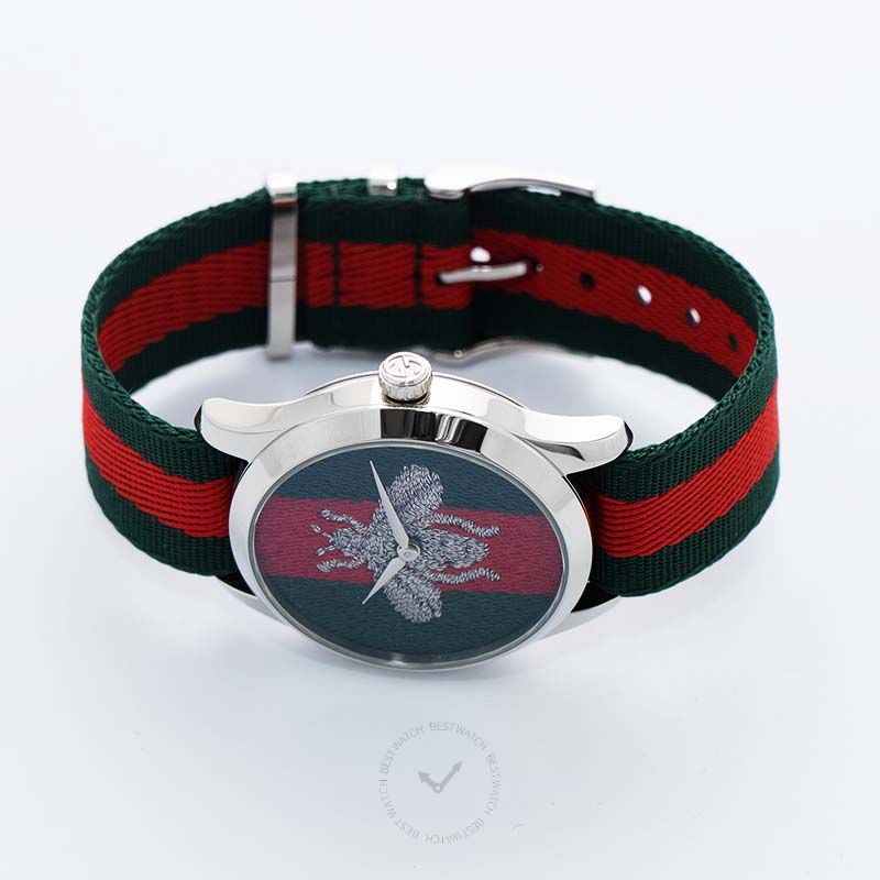 Gucci G-Timeless YA1264148 on wrist showing fabric strap with bee dial