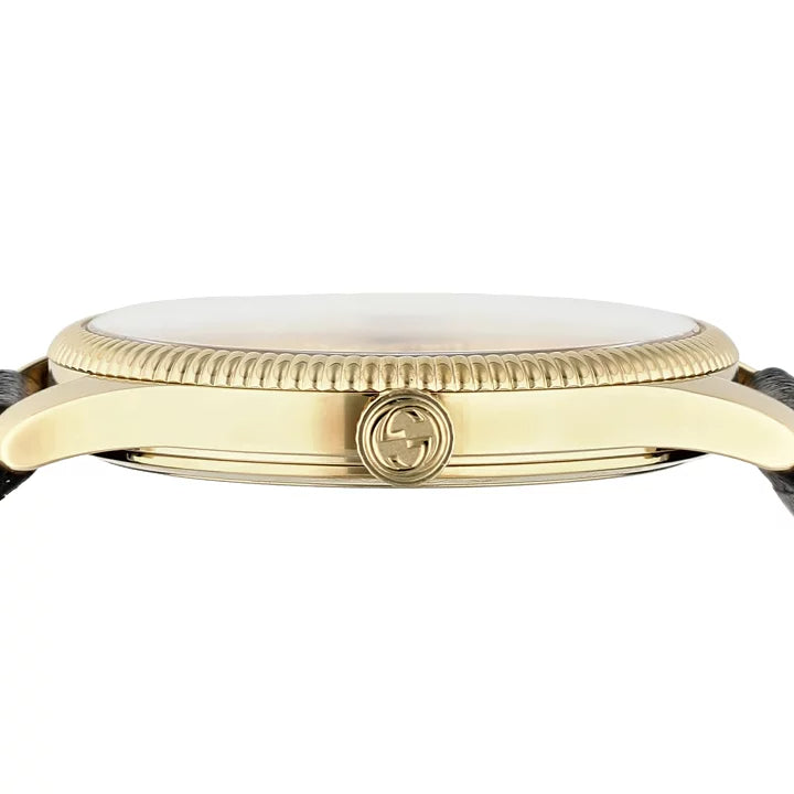 Side profile of G-Timeless watch showing yellow gold case and black leather strap