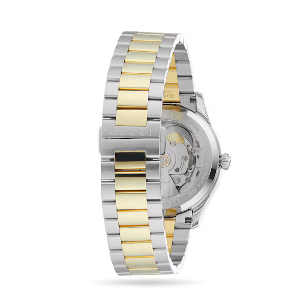 Gucci G-Timeless watch side profile with two-tone stainless steel and gold bracelet