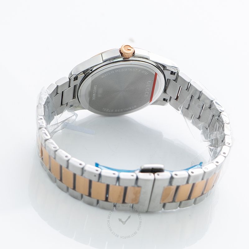Gucci G-Timeless YA126447 watch caseback view showing two-tone stainless steel and rose gold bracelet