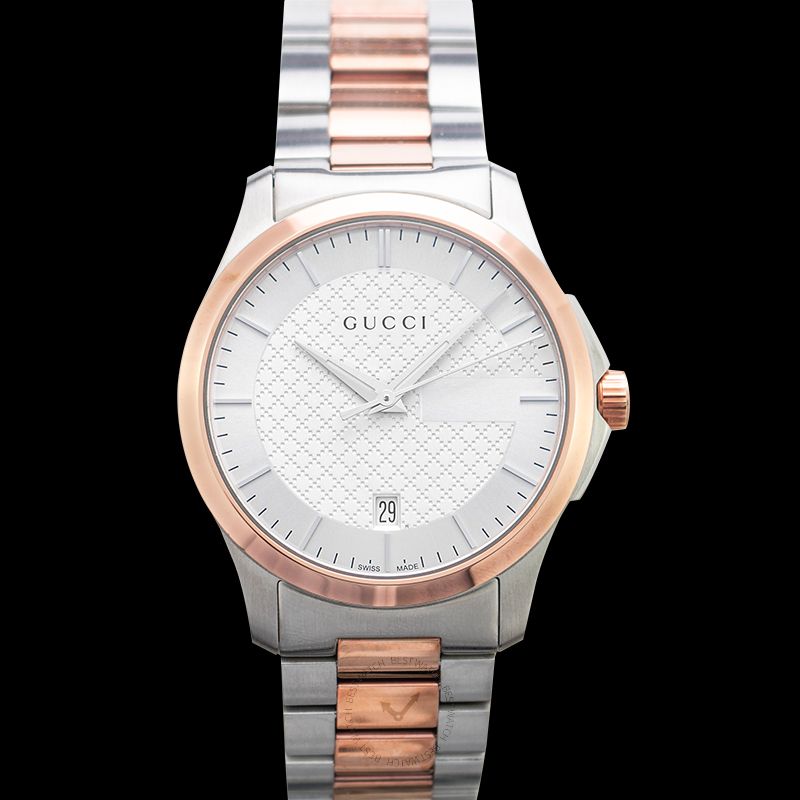 Gucci G-Timeless YA126447 silver dial watch with two-tone stainless steel and rose gold bracelet