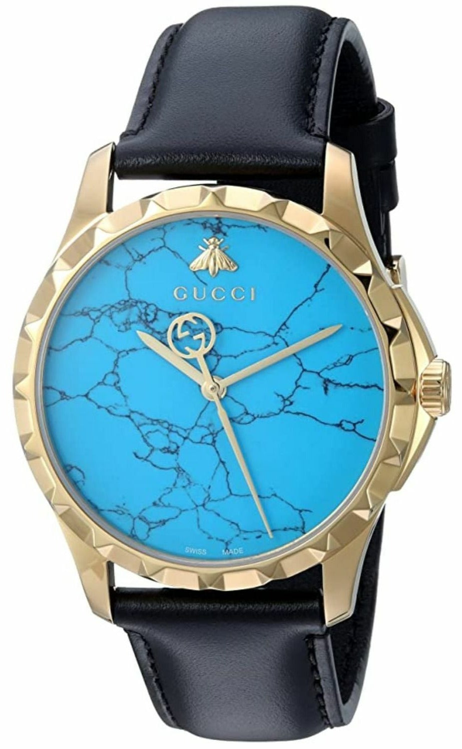 Gucci G-Timeless watch with turquoise blue marble dial, gold case, and black leather strap