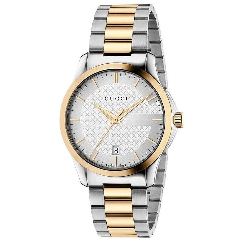 Gucci G-Timeless watch with two-tone stainless steel and gold bracelet, silver dial