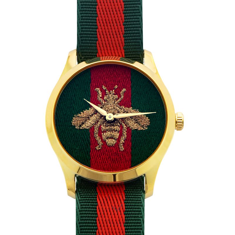 G-Timeless 38mm watch with gold case, bee-embroidered dial, and green-red striped nylon strap