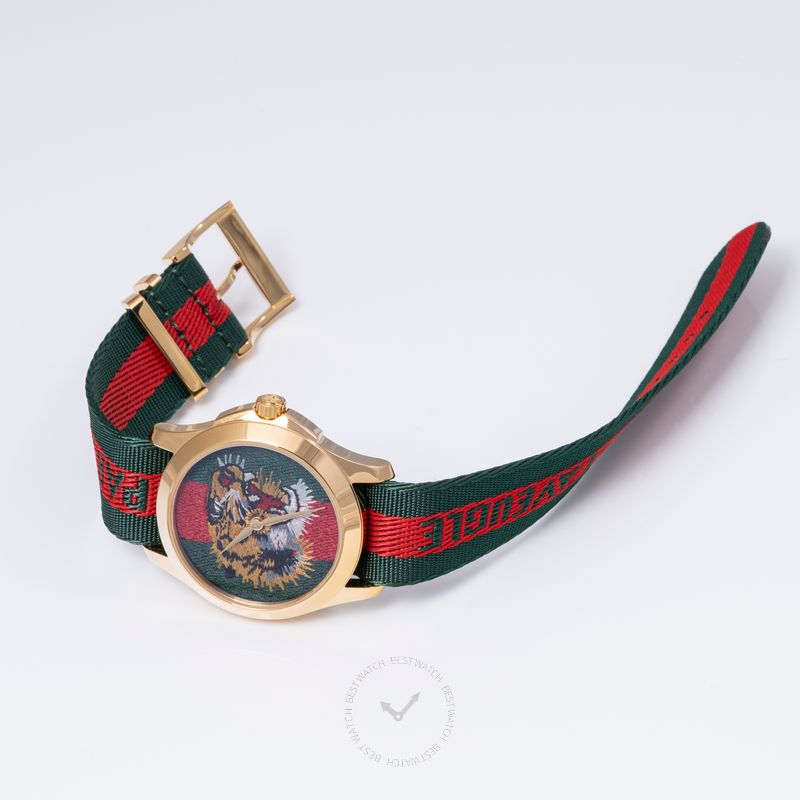 Gucci G-Timeless watch displayed on wrist, showing tiger dial and nylon Web strap