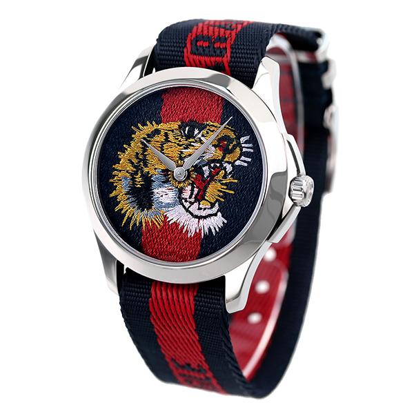 Gucci G Timeless tiger watch side angle showing case profile and full nylon strap
