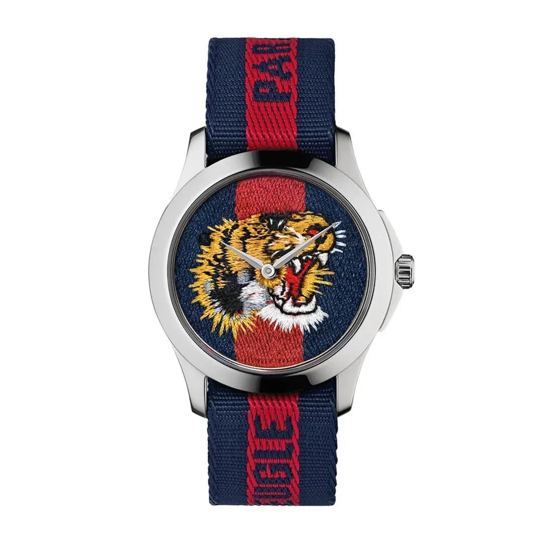 Gucci G Timeless watch front view with white round case and tiger embroidered dial