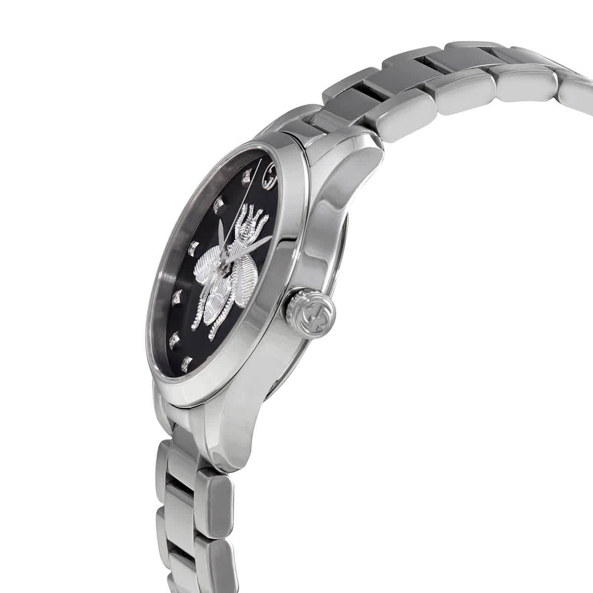 Side profile of Gucci G-Timeless ladies watch with stainless steel case and polished bracelet