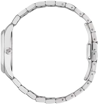 Stainless steel three-link bracelet detail of Gucci G-Timeless watch with Gucci logo