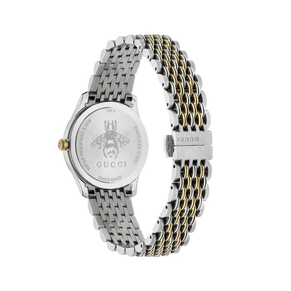 Gucci G-Timeless watch caseback showing bee engraving and stainless steel two-tone bracelet