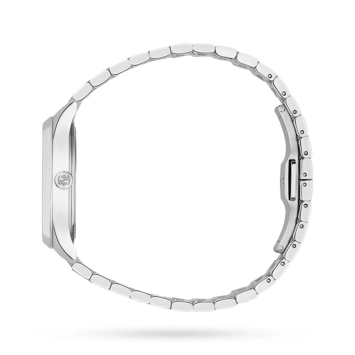 Side profile view of Gucci G-Timeless watch showing case, crown, and stainless steel bracelet