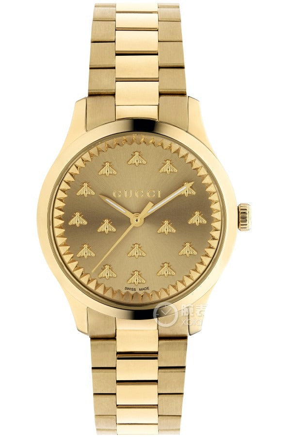 Gucci G-Timeless watch three-quarter view showing gold bracelet and bezel