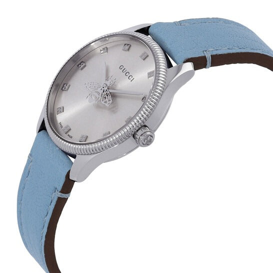 Gucci G-Timeless Stainless Steel Silver Dial Blue Leather Strap Quartz Women's Watch YA1265039