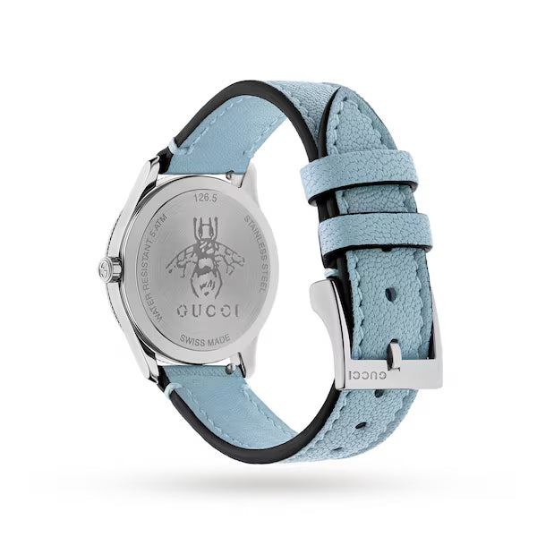 Gucci G-Timeless Stainless Steel Silver Dial Blue Leather Strap Quartz Women's Watch YA1265039