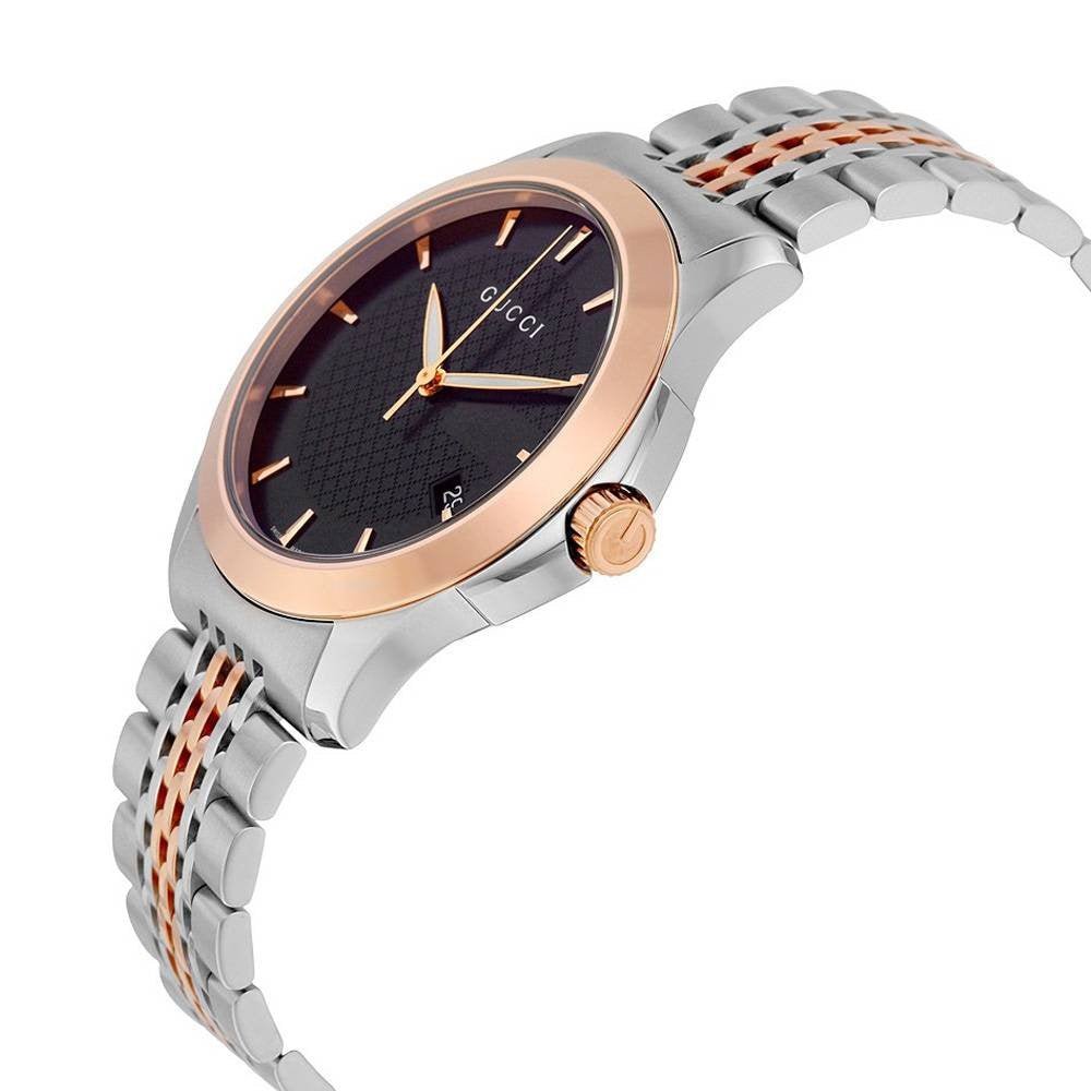 Side view of Gucci G-Timeless watch showing two-tone stainless steel and rose gold bracelet