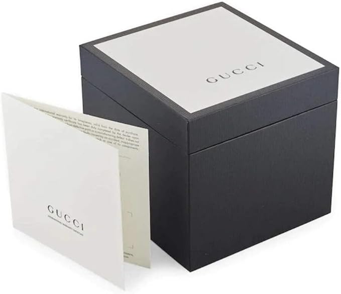 Gucci G-Timeless watch presentation box with white interior and black exterior packaging