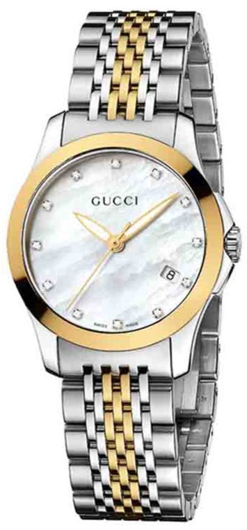 Gucci G-Timeless women's watch with mother of pearl dial, diamond indices, two-toned steel and gold bracelet