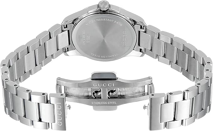 Gucci G-Timeless watch caseback and bracelet showing stainless steel construction