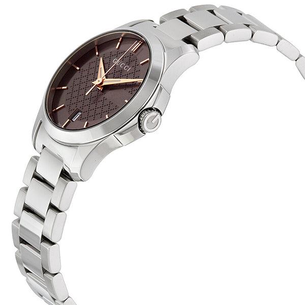 Gucci G-Timeless YA126529 side angle view showing stainless steel bracelet and brown dial