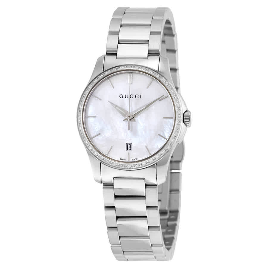 Gucci G-Timeless 27mm watch angled view showing white mother-of-pearl dial and stainless steel