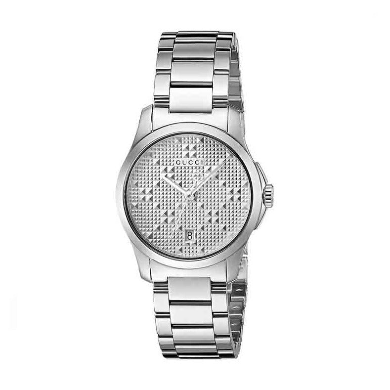Gucci G-Timeless women's watch three-quarter view showing stainless steel bracelet and case