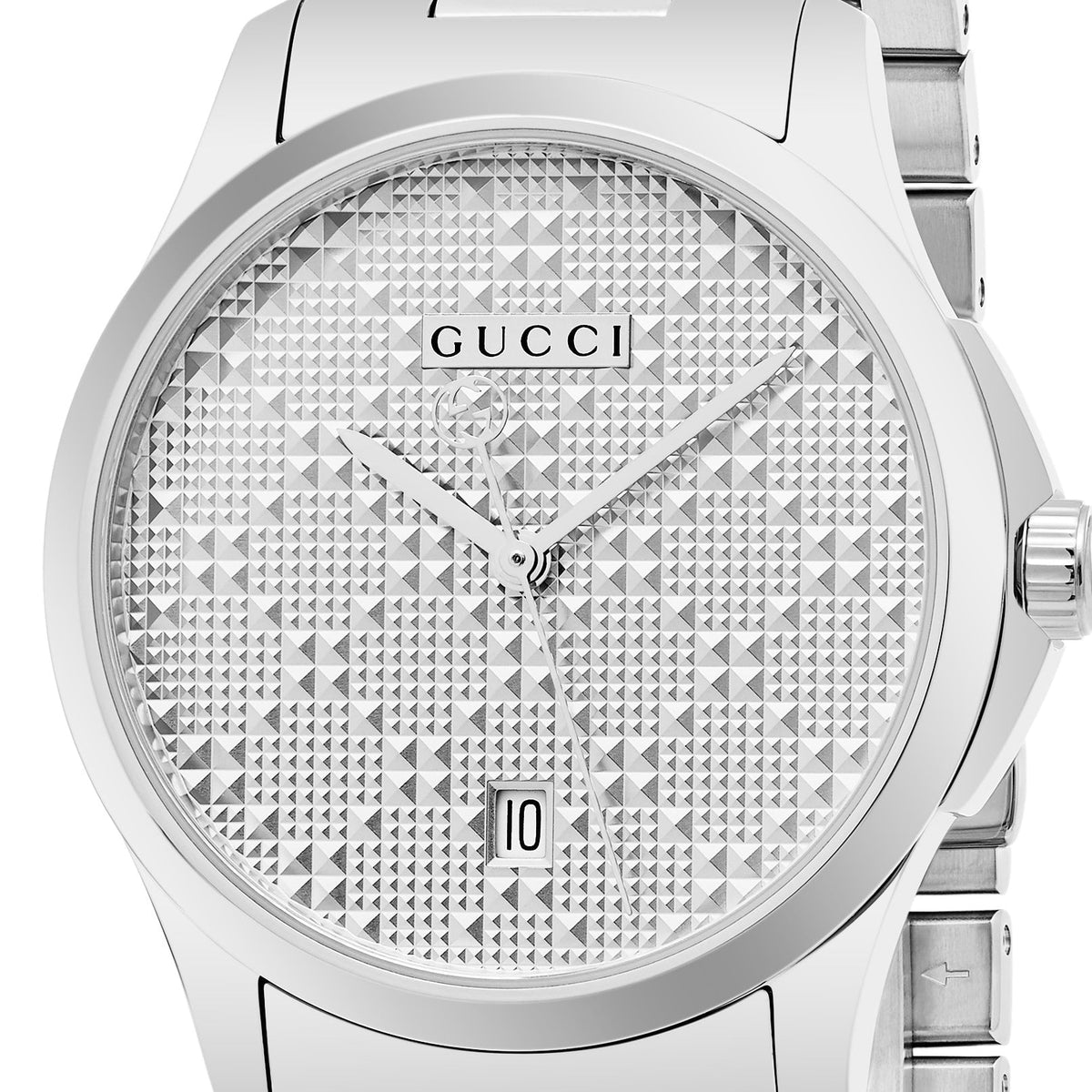 Gucci G-Timeless watch dial detail showing textured surface and printed markers