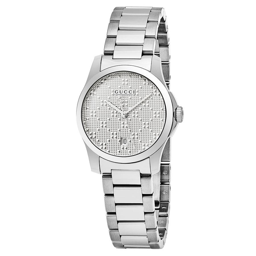 Gucci G-Timeless women's stainless steel watch with textured dial and integrated bracelet