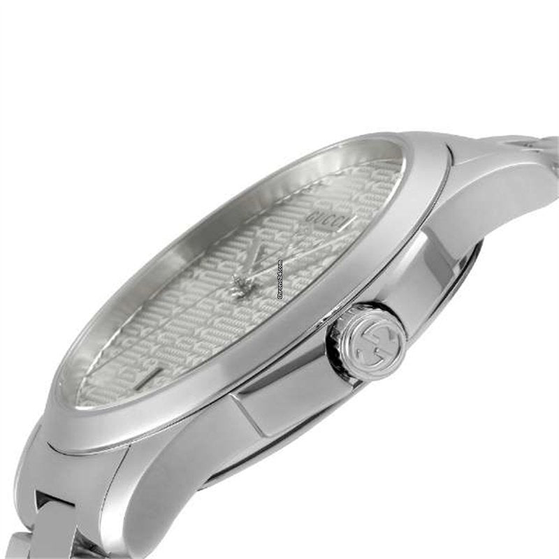 Gucci G-Timeless women's watch side profile showing case thickness and stainless steel bracelet