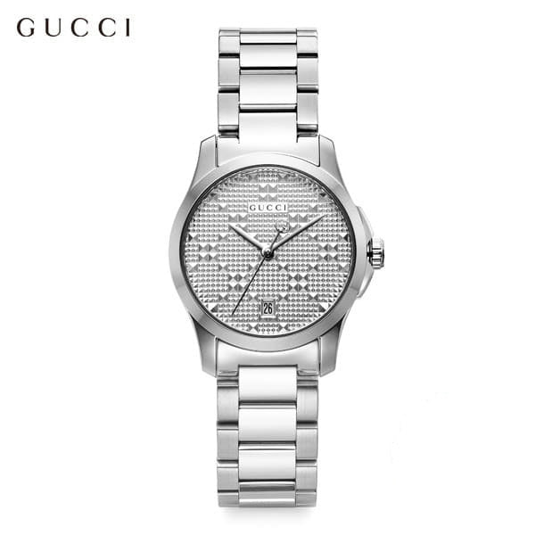 Gucci G-Timeless women's watch with stainless steel case, bracelet, and diamond-pattern dial