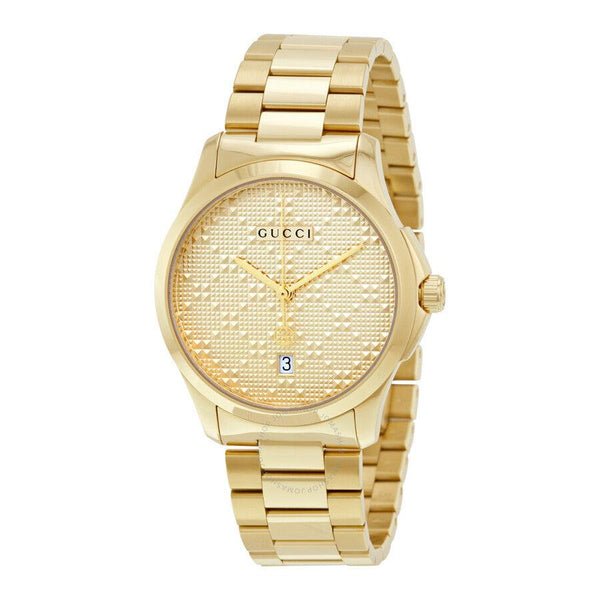 Gucci G-Timeless women's watch angled view with gold bracelet