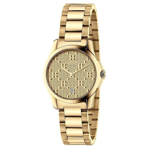 Gucci G-Timeless watch side angle view of gold case and strap