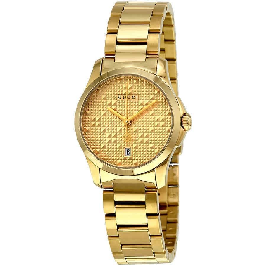 Gucci G-Timeless watch angled view showing gold case and bracelet