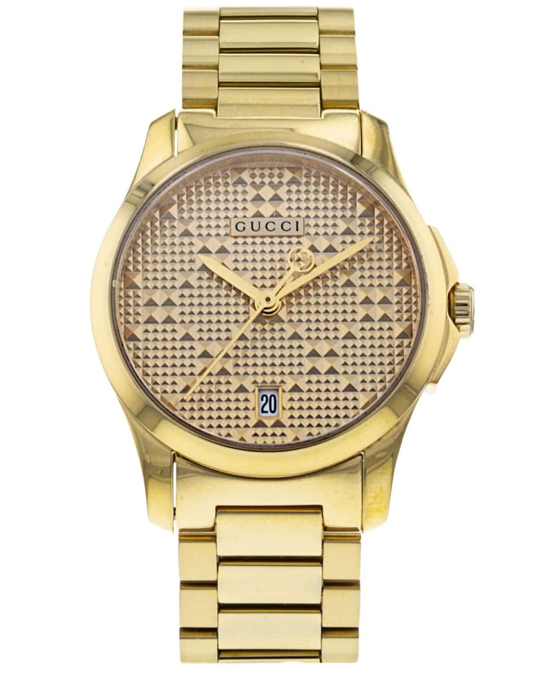 Gucci G-Timeless women's watch dial close-up with textured gold surface