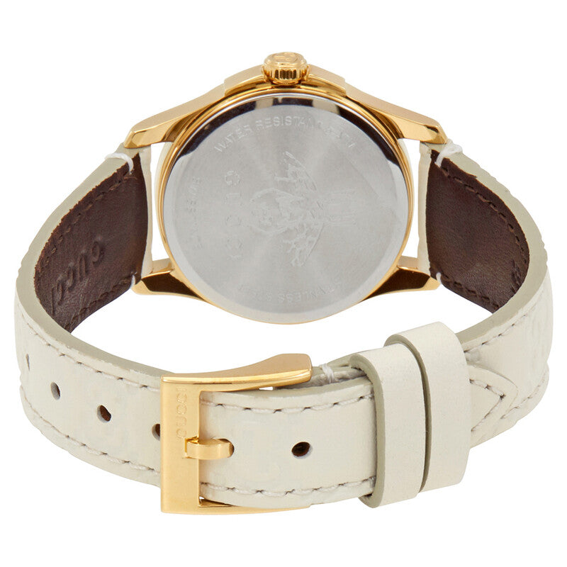 Gucci G-Timeless watch caseback view showing stainless steel back and white leather strap