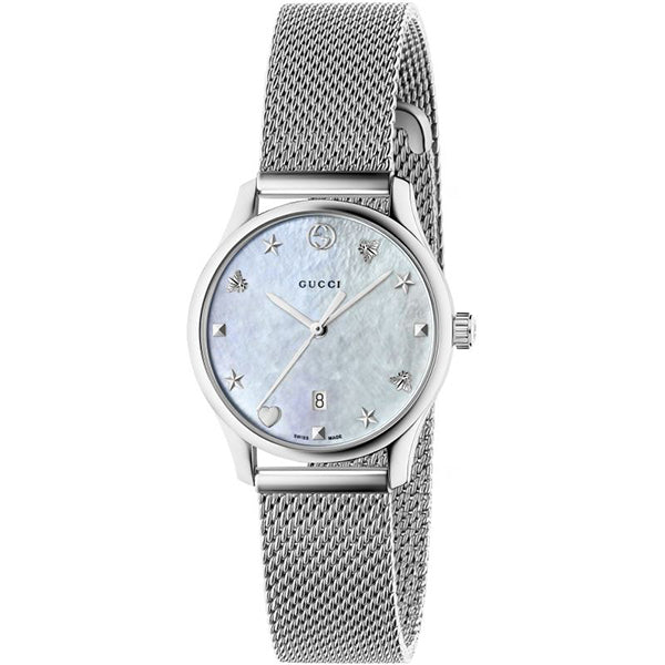 Gucci G-Timeless mother of pearl dial watch at side angle with stainless steel mesh strap