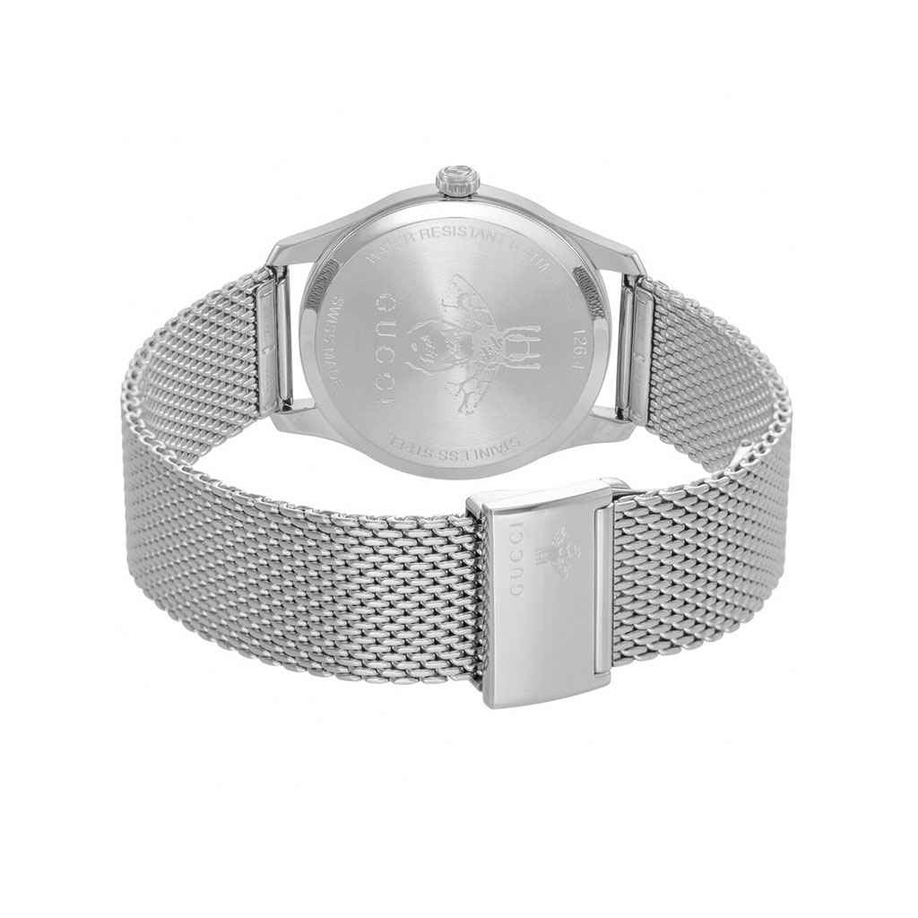 Gucci G-Timeless YA126583 stainless steel caseback with mesh band and engraved details