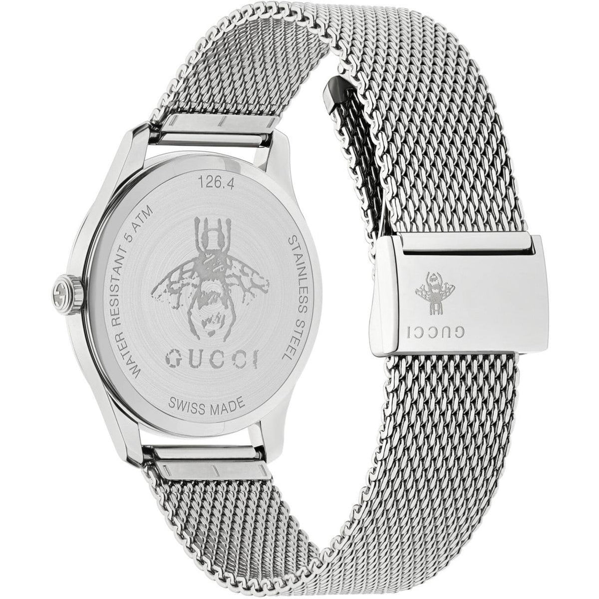Gucci G-Timeless women's watch side profile showing stainless steel mesh band and deployment clasp