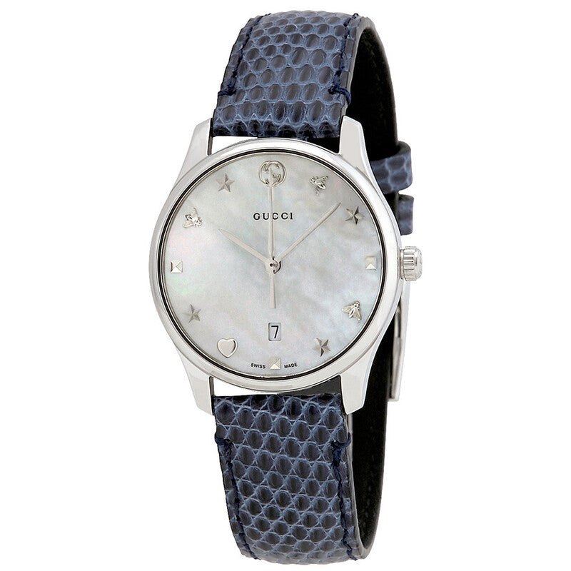 GUCCI G-Timeless WHT Mother of Pearl Dial Blue Leather Watch YA126588