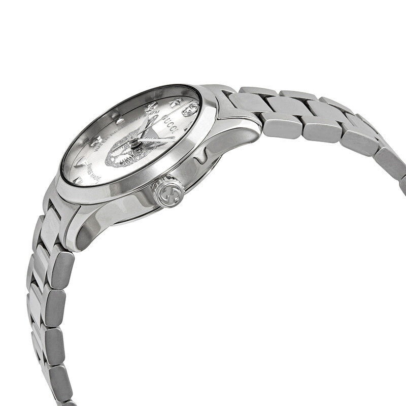 Gucci G-Timeless watch side angle view showing stainless steel case and bracelet