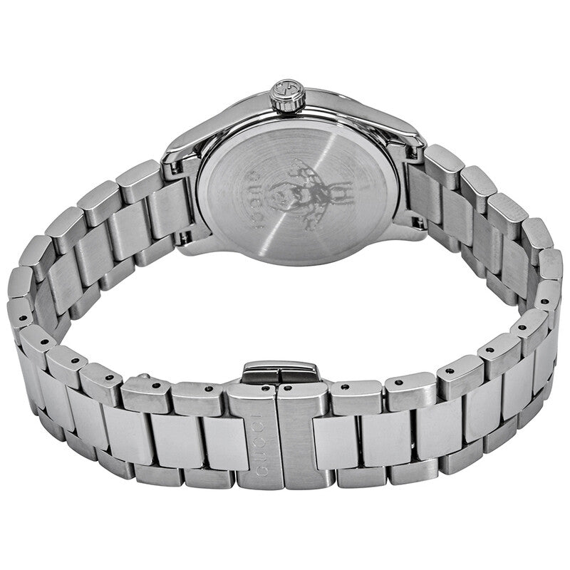 Gucci G-Timeless watch caseback view with stainless steel bracelet
