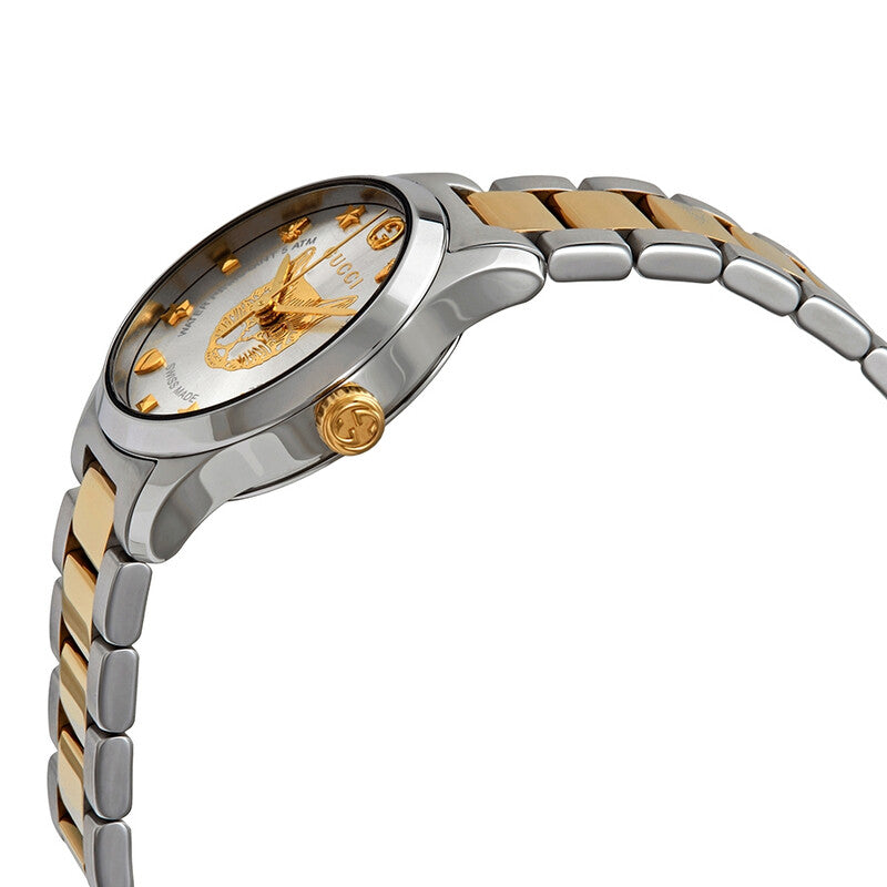 Gucci G-Timeless watch shown at angle displaying two-tone bracelet with silver and gold links