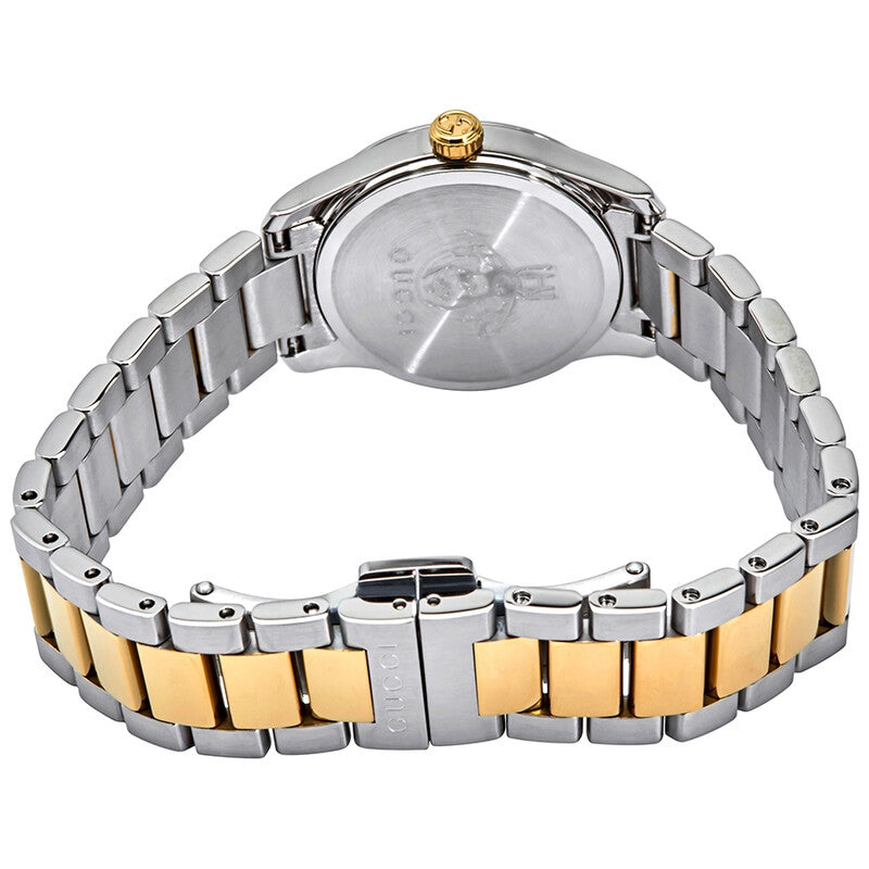 Gucci G-Timeless watch caseback view showing two-tone bracelet and stainless steel construction