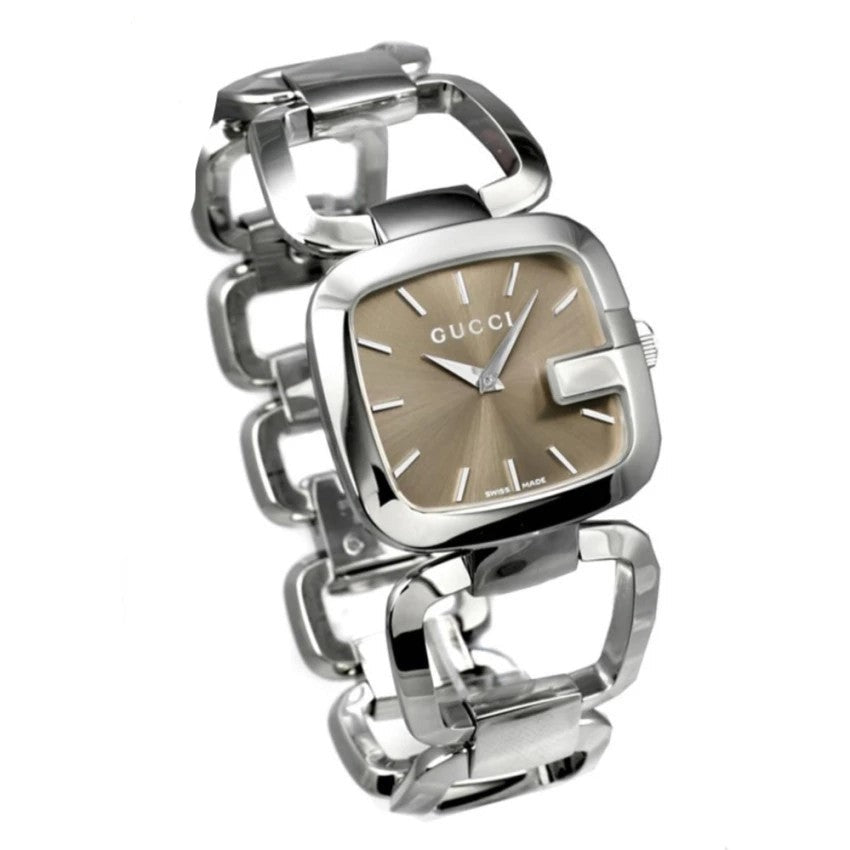 Angled view of Gucci G square watch with brown dial and polished silver bracelet