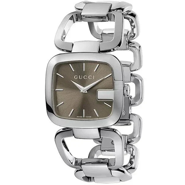 Gucci G square watch angled view showing brown dial and silver bracelet links