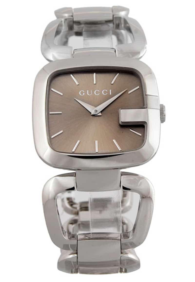 Front view of Gucci G square brown dial watch with silver steel case and bracelet