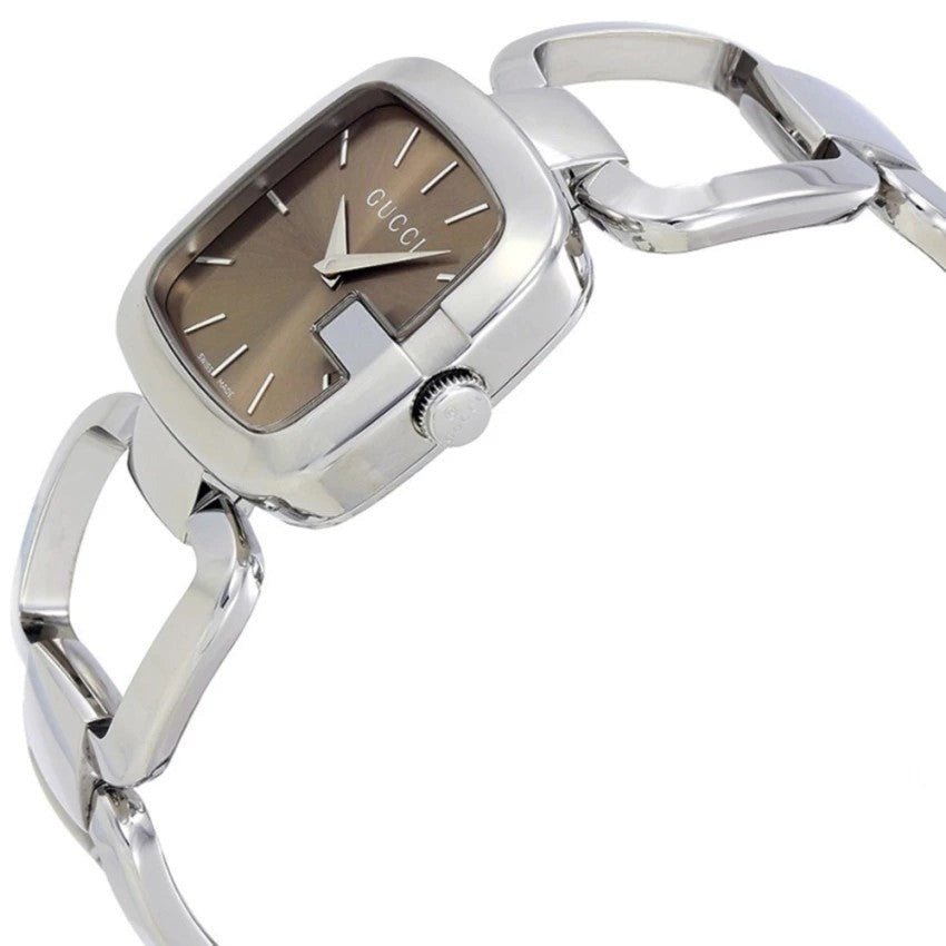 Gucci G square watch on wrist showing brown dial and silver bracelet fit